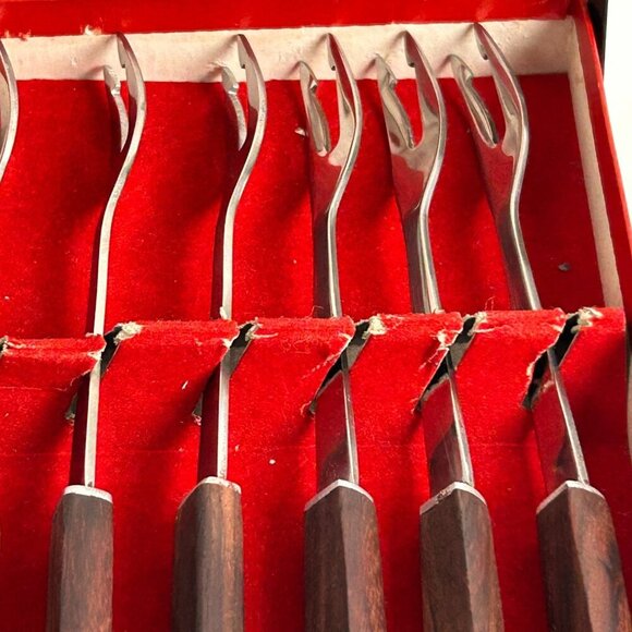 Set of 6 Teak Wood Handle Fondue Forks 12" Japan MCM Bar BBQ Smores 1960s - Picture 4 of 10